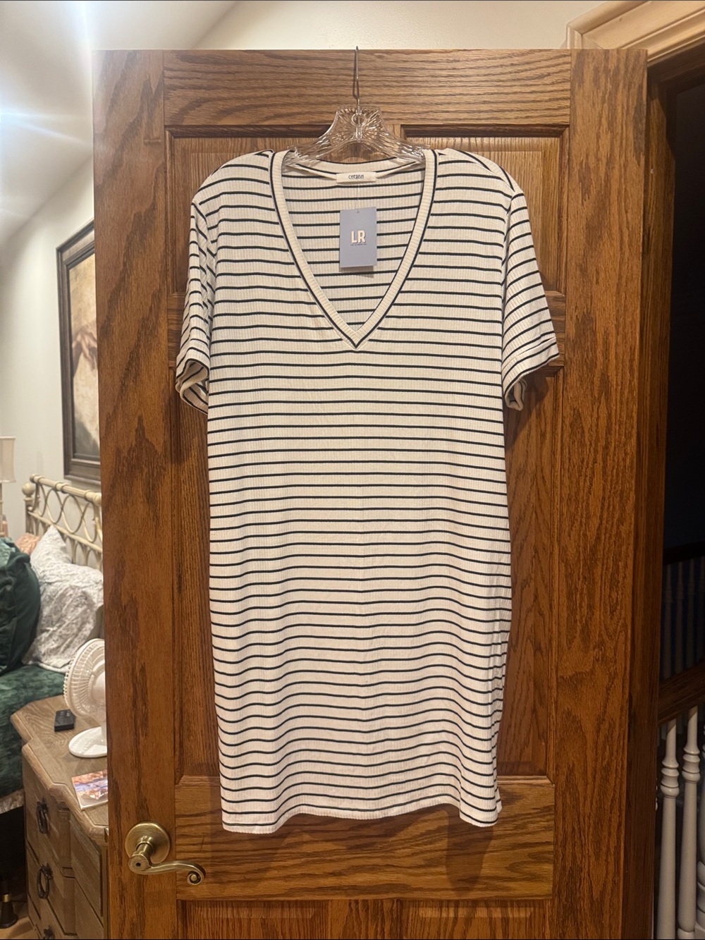 Cherish Cream and Black Striped V-Neck Tee Dress